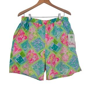 Lilly Pulitzer Y2K Patchwork Swim Trunks L Multi Palm Beach Preppy Deadstock